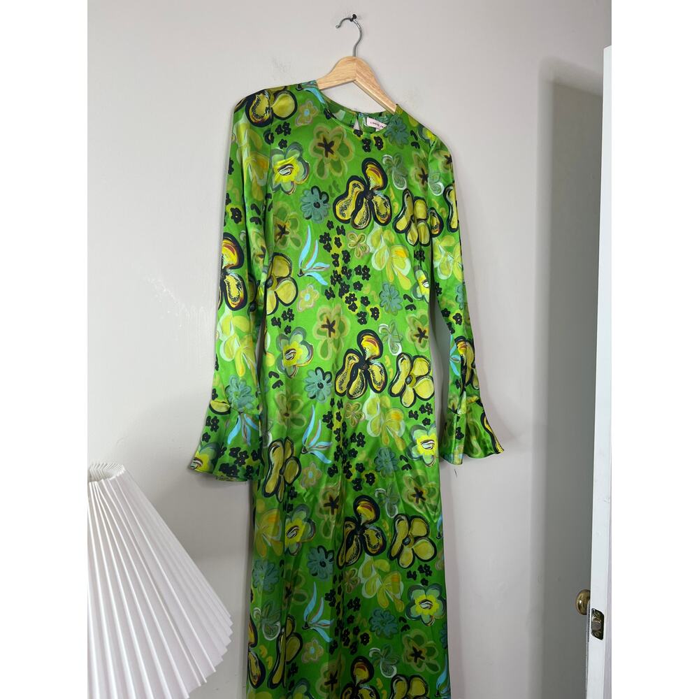 NEW Lingua Franca Floral Silk Long Sleeves Anja Maxi Dress Green Size: XS - Picture 3 of 7